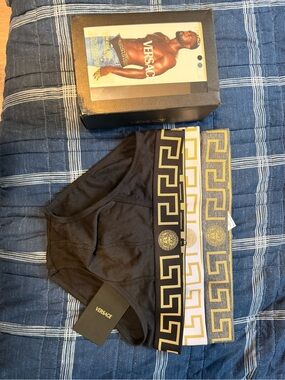 Versace Black Briefs with Gold Greek Key Waistband